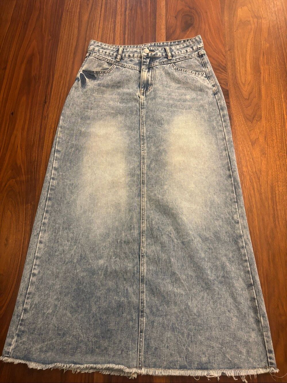 Women's Light Blue Frayed Hem Maxi Light-Wash Denim Skirt Small/Medium